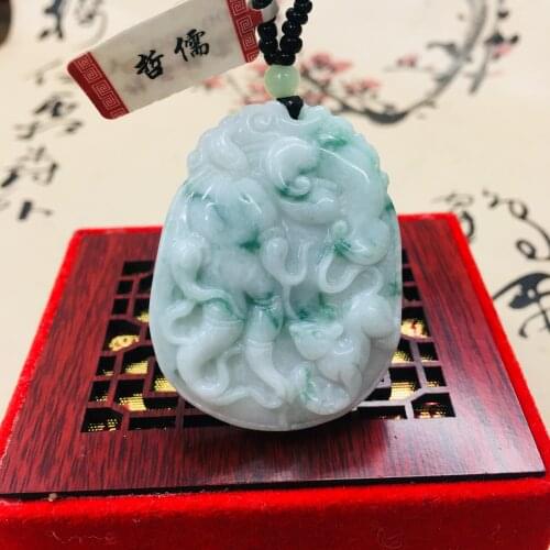 Zheru pure natural Jadeite carved light green two-color life wishful pendant with green bead necklace sweater chain certificate