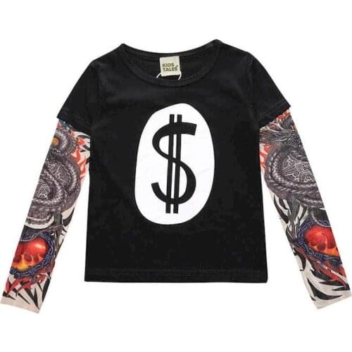 INS 2021 spring new boys and girls European and American childrens wear stitching hip-hop sashimi tattoo long-sleeved T-shirt