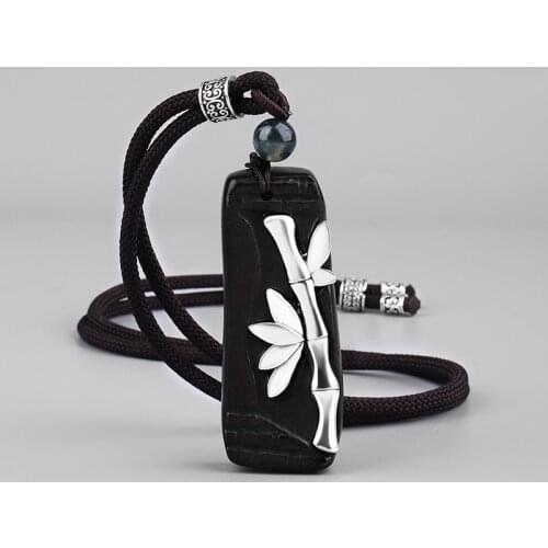 YIZIZAI Retro Ethnic Tibetan Bead Black Sandalwood Necklace Silver Color Bamboo Pendant Necklaces for Men Women Handmade Jewelry