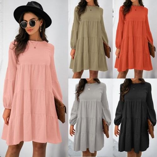 Cotton Linen O-neck Lantern Sleeve Loose Partchwork Dress Elegant Women Autumn Winter New Solid Casual O-neck Pink Party Vestido