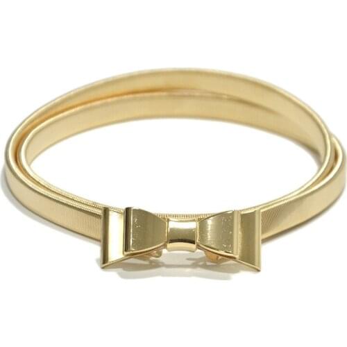 Front Bowknot Buckle Metal Chain Womens Decoration Elastic Spring Gold Thin Belt Cummerbund Waistband For Dress