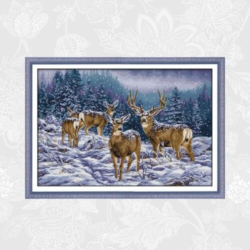 Winter Deer Herd Patterns Counted Cross Stitch Aida Fabric 11CT 14CT DIY Embroidery Thread Sets Home Decor Cross-stitching