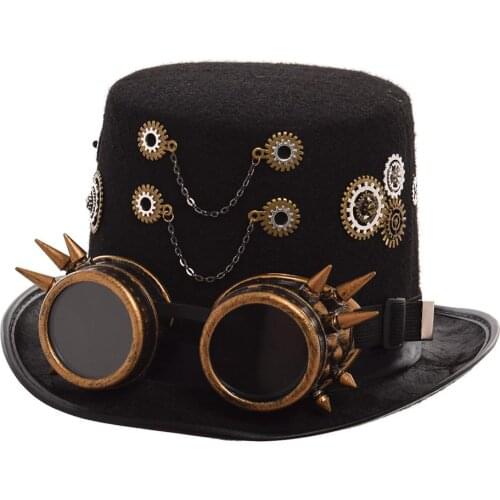 Black Punk Top Hat for Women Men Spike Goggles Gears Fedora