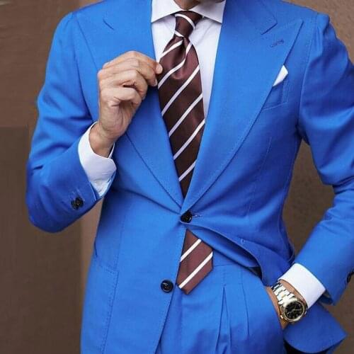 Wide Peaked Lapel Royal Blue Men Suits for Wedding 2019 Groom Tuxedos Prom Suits Man Blazers 2Piece Coat Pants Terno Masculino