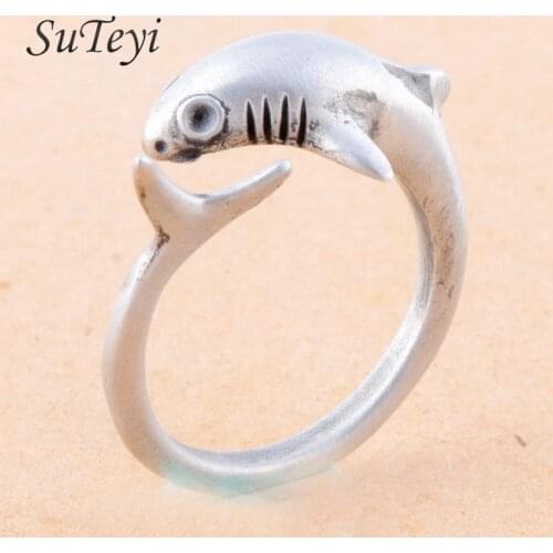 SUTEYI Animal Shark Ring For Lovers Ancient Gold Ancient Silver Plated Punk Adjustable Opening Ring Wholesale For Women and Men
