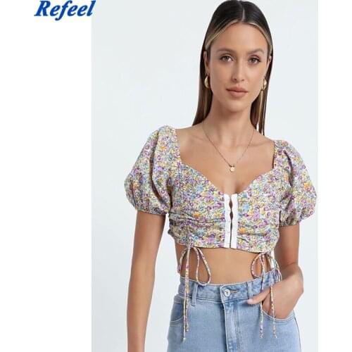 Spring summer women tops floral print fashion cropped tank top elastic vintage female shirts chic tops