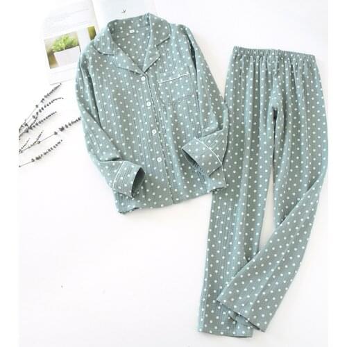 Spring Simple Couple Pajamas Washed Crepe Pajama Set Men and Women Long Sleeves Sleepwear Cotton Two Piece Loungewear Night Wear