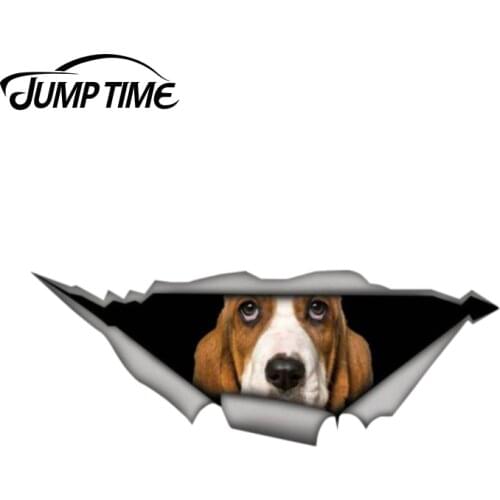 Jump Time 13cm x 4.8cm Basset Hound Sticker Torn Metal Bumper Decal Funny Car Stickers Window Trunk Animal 3D Car Styling