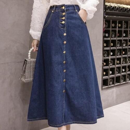 High waist single breasted denim skirt women autumn fashion a-line mid calf jeans skirt