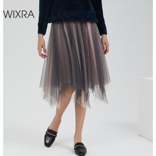 Wixra Women 2019 New Mesh Skirts Elastic High Waist Mid-Calf Skirt Summer Autumn High Street Ladies Bottom