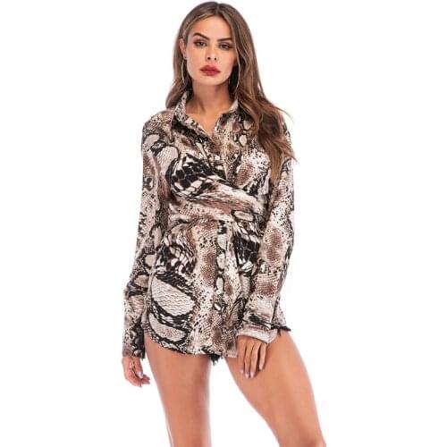 2021 Spring Faddish Shirt and Blouse Office Lady Snake Printing Button Chiffon Blouse Women V-neck Long Sleeve Shirts for Women