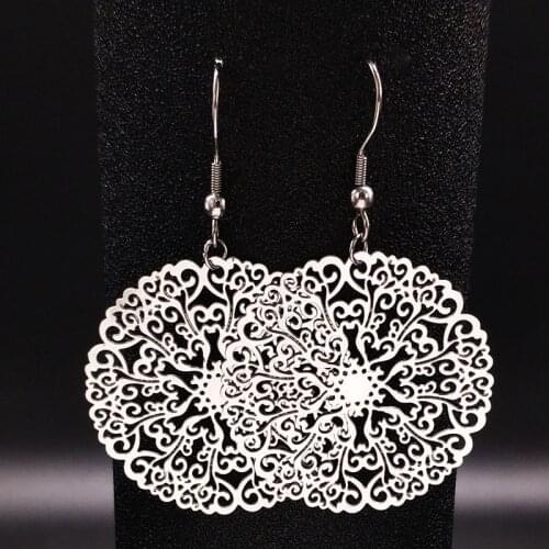 New Design Silver Color Big Earrings for Women Flower Hollow Round Silver Color Stainless Steel Drop Earrings brinco boho