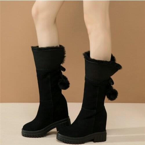 Winter Trainers Women Genuine Leather Wedges High Heel Mid Calf Boots Female Warm Fur Round Toe Platform Pumps Shoe Casual Shoes