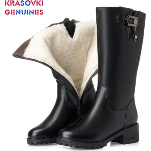 Krasovki Genuines Wool Women Snow Boots Warm Genuine Leather Fur Warm Shoes Plush Med Calf Boots Platform for Women Winter Boots