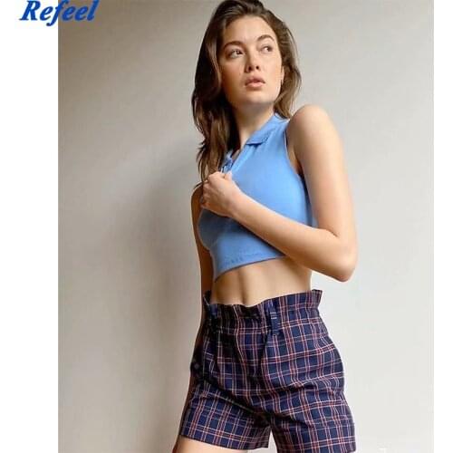 Blue Solid Sexy Camis For Women Lapel Collar Sleeveless Slim Solid Tank Top Female Fashion Black White Summer Tops