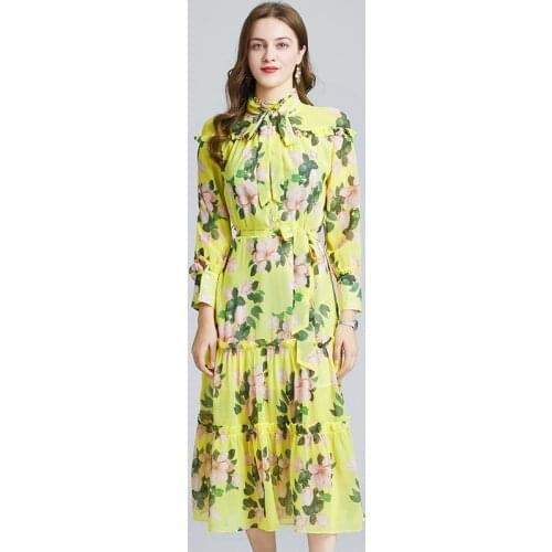 Spring Fashion Runway Vintage Midi Dress Women Long Sleeve Elegant Bow Belt Flower Print Chiffon Dress Vestdios K349