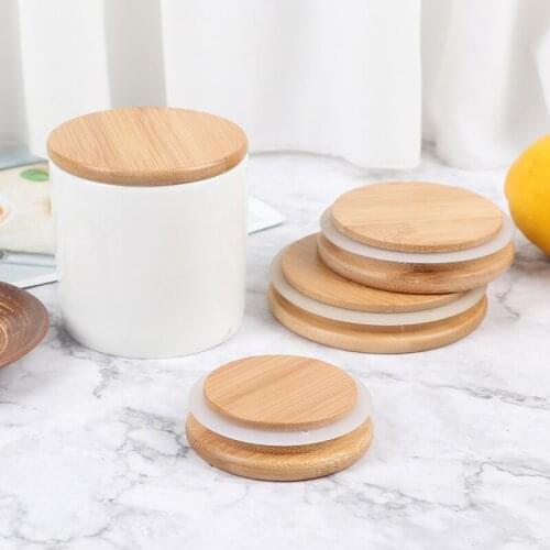 1pcs Bamboo Lids Mason Jar Caps Non Leakage Silicone Sealing Wooden Covers For Drinking Jar Kitchen Supplies