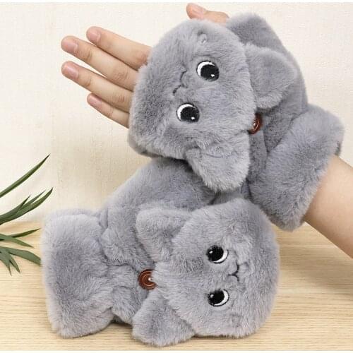 2020 New Plush Gloves Women Cartoon Cat Cute Half-Finger Flip Warmth Thickened Keyboard Gloves Female Winter Solid Color Gloves