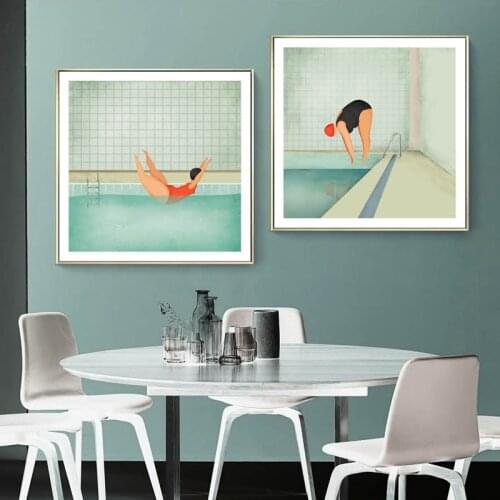 Abstract Cute Swimming Girl Diving Girl Poster Canvas Art Print Wall Painting Nordic Picture Modern Swimming pool Home Decor