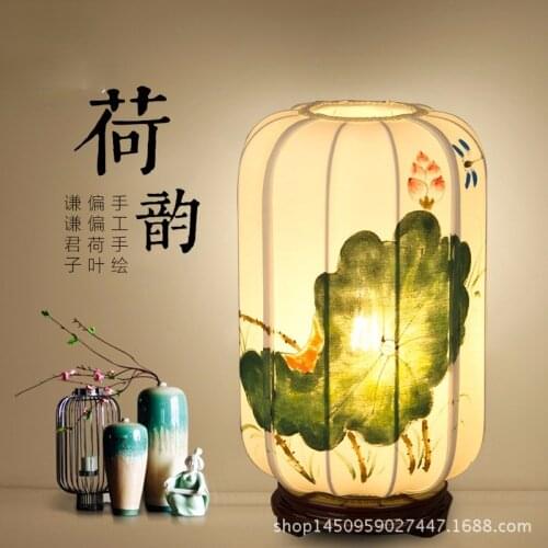 Free Shipping Chinese Wood Table Lamp Bedside Lamp For Living Room Solid Wood Lamp Fabric Hand Painted Living Room Study Hotel