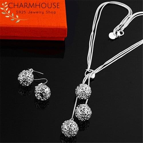 Charmhouse Silver 925 Jewelry Sets For Women Hollow Ball Pendant Necklace Earrings 2pcs Set Fashion Costume Jewelry Accessories