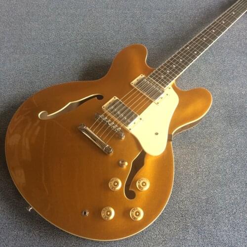 Jazz Hollow Body Gold Electric Guitar, Rosewood fingerboard, Double F holes electric guitar, Free shipping