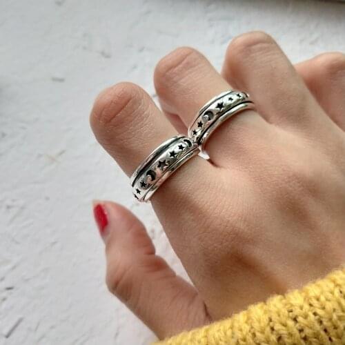 1pc Retro 100% Authentic S925 Sterling Silver Rotate Moon Star Band Ring fine jewelry Punk Rock creative elegant design J195