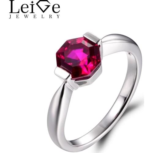 Leige Jewelry Lab Created Red Ruby July Birthstone Octagon Cut Engagement Solitaire Rings For Woman 925 Sterling Silver