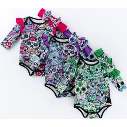 Hot Sale Newborn Infant Clothes Sets Cute Confortable Soft Baby Girls Skull Print Bodysuit and Headband Halloween Party Outfit