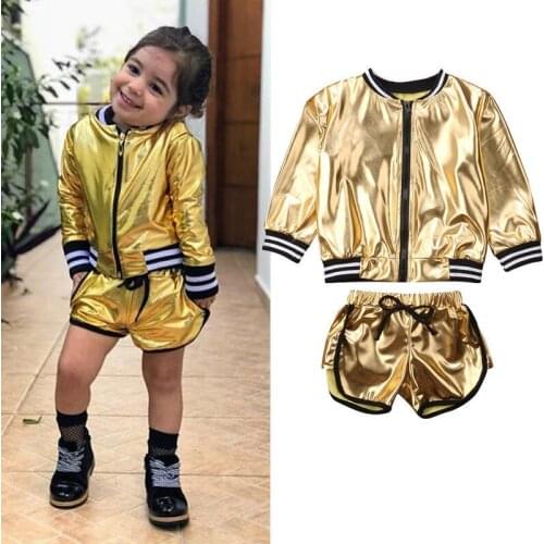 Fashion Toddler Girls Clothes Set Golden Long Sleeve Zipper Jacket + Shorts Sports Hot Pants 2PCS Gold Tracksuit Sets Age 1-6Y