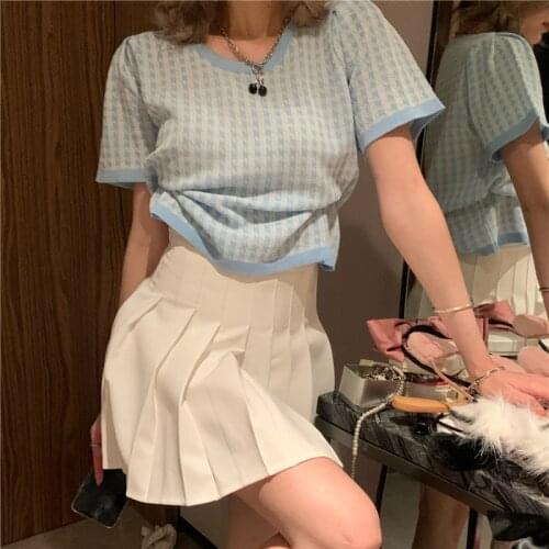 2021 New Women Summer Knitted T-shirt V Neck Houndstooth Crop Tops Short Tshirts Casual Tees Pullovers