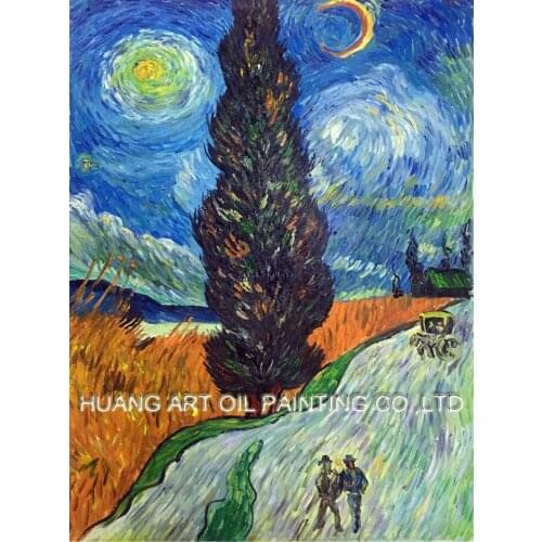 Professional Artist Hand-Painted High Quality Road With Cypresses Oil Painting Reproduction Vangogh Oil Painting For Wall Decor