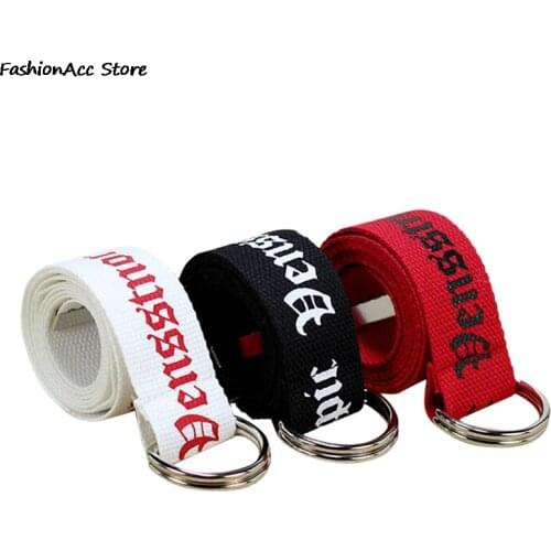 Unisex Canvas Belts Letters Printed D Ring Double Buckle Punk Waist Strap Women Men Teenager Long Wide Belt