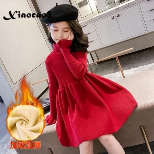 Christmas Girls Thick Velvet Dress Kids Knit Turtleneck Sweater Dresses for Girls Solid Princess Dress Toddler Children Clothes