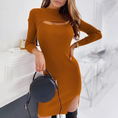 Sexy Women Dress Slim Fit Solid Color Bodycon Dress Slit Hollow Out O Neck Sheath Dress for Club
