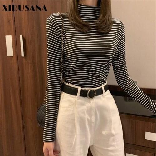 XIBUSANA Long Sleeve Casual Striped T-shirt Women Loose Shirts Tops 2021 Spring Autumn Fashion Female Turtleneck Bottom Shirt