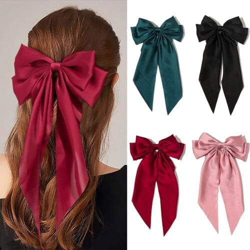 2021 New Fashion Korean Plain Color Silk Satin Long Ribbon Bowknot Hair Clip Women Hair Accessories Headwear for Girls
