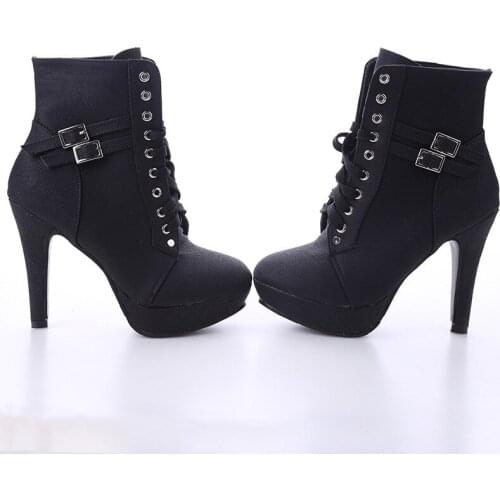 Size 43 Leather Womens High Heels Boots Lace Up Platform Ankle Boots for Women Heels 10cm Fashion Chunky Platforms Femme Boots