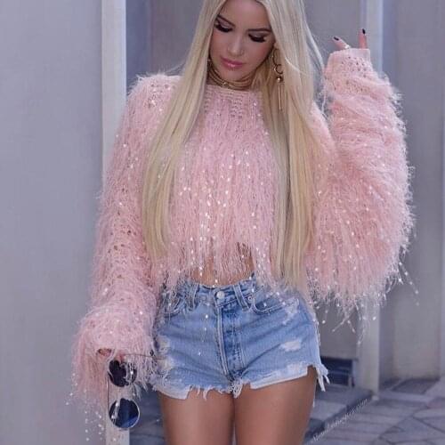 40#Women Tassels Sequins Sweaters Long Sleeve Tops Short Solid Sexy O Neck Sweater Elegant Personalized Tops женские свитера