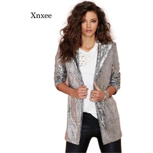 Autumn Ladies Sequined Blazer Jacket Gold Sequins Silver Elegant Blazer Nightclub Sparkling Jacket