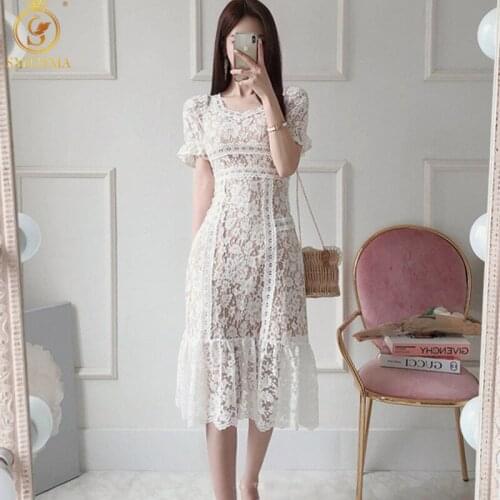 SMTHMA 2021 New Arrival Korean Style Mid-Length Patchwork Summer Dress Womens Lace Hollow Out Slim Waist Fashion Long Dress