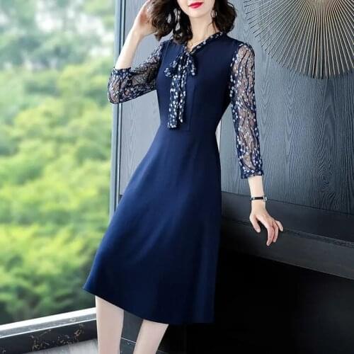 Mom Fake Two Pieces Print Patchwork Dress Women Vintage Lace Up Hollow Out Mesh Sleeve a-Line Dress Elegant Midi Party Dresses