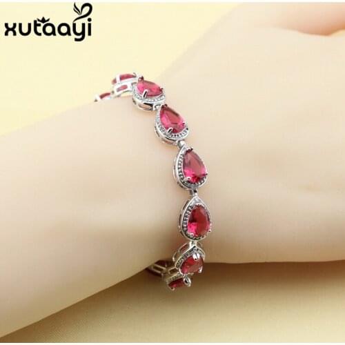 20cm Silver Water Drop Red Stones Cubic Zirconia Jewelry For Women Free Gift Box Fashion Health Jewelry Chain-Link Bracelet