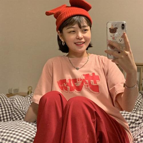 2021 Summer New Fashion Casual Loose Oversized Womens Short Sleeve T-Shirt Letter Print Pink Clothes Harajuku Grunge Aesthetic