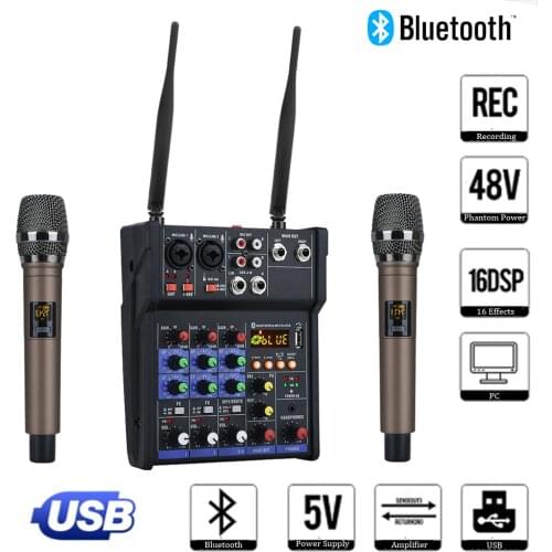 Audio Mixer UHF microphone Bluetooth Audio Mixer USB DJ Sound Mixing Console 4 Channel 48V Phantom Power