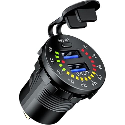 QC 3.0 Dual USB Car Charger Waterproof 18W USB Outlet Fast Charge with LED Voltmeter ON OFF Switch Power Cable 12V-24V
