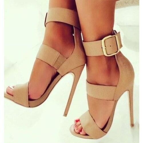 Buckle Strap High Heel Sandals For Women Peep Toe Beige Strap Summer Dress Shoes Cut-out Thin Heels Pumps Big Size 10 Free Ship