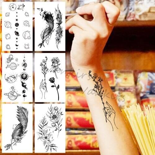 Black Thorn Temporary Tattoos For Women Girls Realistic Feather Cosmic Dahlia Fake Tattoo Sticker Arm Body Tatoos Waterproof 3D