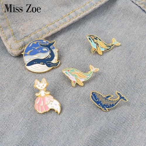 Whale Enamel Pin Dreamy Humpback Whale Brooches Cat Mermaid Aniaml Art Metal Badges Bag Clothes Pins Up Jewelry Gifts