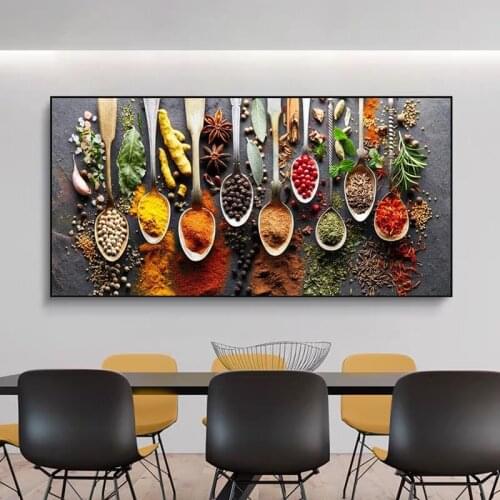 Kitchen Themed Wall Art Decor Colorful Spice and Spoon In Table Canvas Paintings Food Cooking Ingredients Canvas Art Print Decor
